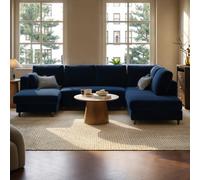 6 Seater Pull-Out U-Shape Sofa Bed with Storage in Navy Blue Velvet - Boe