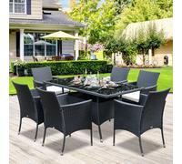 6 Seater Rattan Dining Set with Cushions Glass Top Table, Garden Furniture Set Outsunny Black One Size