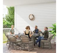 Outsunny 6 Seater Rattan Dining Set with Seat Back Cushions, Aluminium Frame - Grey - Aluminium, PE Rattan, Wood-Plastic Composite - 150L x 90W x 74H cm