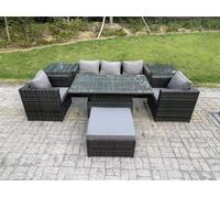 6 Seater Rattan Garden Furniture Sofa Set Outdoor Adjustable Rising Lifting Dining Table Set 2 Armchairs Fimous Dark Grey One Size