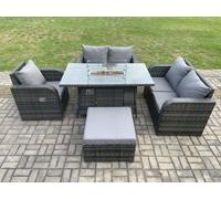 Fimous Rattan Garden Furniture Set with Gas Fire Pit Dining Table Big Footstool Indoor Outdoor 5 piece Love Sofa set