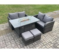 6 Seater Rattan Outdoor Garden Furniture Sofa Set Gas Fire Pit Dining Table Gas Heater with Love Sofa 2 Small Footstool Fimous Dark Grey One Size