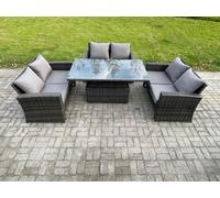 6 Seater Rattan Wicker Garden Furniture Patio Conservatory Sofa Set with Height Adjustable Rising Lifting Table Fimous Dark Grey One Size