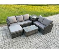 6 Seater Rattan Wicker Garden Furniture Patio Conservatory Sofa Set with Rectangular Coffee Table 3 Seater Sofa Big Footstool Side Table Fimous Dark Grey One Size
