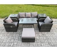 6 Seater Rattan Wicker Garden Furniture Patio Conservatory Sofa Set with Rectangular Dining Table Reclining Chair Fimous Dark Grey One Size