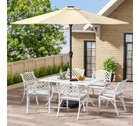 6 Seater Retro Cast Aluminum Garden Bistro Umbrella Table and Chairs Set with Cushions 150 cm