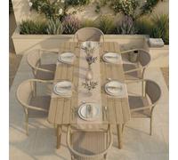 6 Seater Wood Effect Garden Dining Set with Rattan Chairs