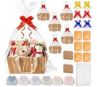 6 Set Gift Basket Hamper Kit - 25 x 21CM Empty Kraft Hamper Basket with Cellophane Bags,Pull Bows, Greeting Cards, Tags, Create Your Own Gift Baskets for Wedding Birthday Christmas Valentines (Yellow)