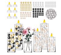 6 Set Glass Cylinder Vases for Centerpieces with Vase Filler 140 Multiple Size No Hole Pearls 10000 Clear Gel Beads and 6 White Floating LED Candles for Wedding Party Home Table Decoration