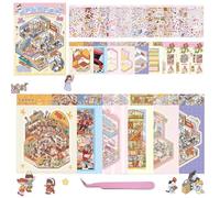 6 Set Large Size DIY 3D Sticker Scene Book with Tweezers,Fun Cartoon DIY House Stickers Make Your Own Miniature Room Art Museum Sewing Shop Therapy for Adult Relief Stress Pass The Time