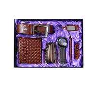 6 Set Men's Gift Set with Leather Belt, Wallet, Pen, Keychain, Bracelet and Wrist Watch Set for Dad, Husband, Boyfriend for Father's Day, Valentine's Day, Christmas and Birthday Gift (Brown)