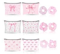 6 Set Pink Coquette Bow Gifts Include 6 Pink Bow Makeup Bags 6 Silk Hair Scrunchies for Women Girls Preppy Cosmetic Bag Scrunchie for Wedding Birthday Mother's Day Nurses Day Coquette Party Favors
