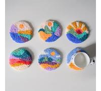 6 Set Punch Needle Coasters Kit with Pattern, Simple Casual Punch Needle Embroidery Complete Kits for Adults Beginner 3.94x3.94 Inches, for Adult Beginner DIY Mug Tufted Rug Making Set-Landscape