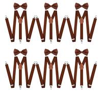 6 Set Solid Color Mens Suspender Adjustable Elastic Brace Suspenders for Men and Bow Tie Set Brown Suspenders for Men Y Shape Suspenders and Bowtie Strong Clips for Boys Wedding Party, Brown, One size