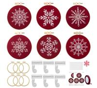6 Sets Christmas Embroidery kit for Beginners Adults, Antique Red Christmas Ornament Kit Snowflakes Needlepoint Cross Stitch Kits with Patterns, Stitch Learning Kit with Needles Ropes Ribbon-Red