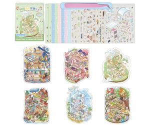 6 Sets DIY 3D Sticker Scene Collection Book for Adults Large Size DIY 3D House Stickers Book Miniature Scene Stickers Therapy for Adult Relief Stress Pass The Time Birthday Gift