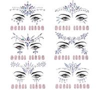 6 Sets Face Jewels for Festivals, Adhesive Glitter Face Gems with Manicure Diamond, Mermaid Facial Rhinestones Temporary Tattoos Sticker for Halloween Christmas Birthday Carnival Party