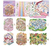 6 Sets Large Size 3D Scene Stickers with Tweezer, DIY 3D House Stickers, Create Your Own Mini Room, Coffee Shop, Bakery, Hospital and Island Scenes for Adult Therapy Relief Stress Pass The Time