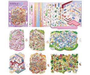 6 Sets Large Size 3D Scene Stickers with Tweezer, DIY 3D House Stickers, Create Your Own Mini Room, Coffee Shop, Bakery, Hospital and Island Scenes for Adult Therapy Relief Stress Pass The Time