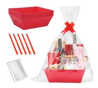 6 Sets Large Thick Kraft Baskets for Gifts Empty - Gift Baskets Empty Kit with Cellophane Wrap and Pull Bows for Valentine's Day Wedding Birthday Bridesmaid Baby Shower, Black (Red)