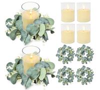 6 Sets LED Candle Rings with Artificial Eucalyptus Wreaths, 4-Inch Center Pillar Candle Holders for Wedding Table Centerpieces, Party Home Decor