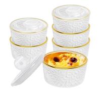 6 Sets Ramekins Oven Safe with Lids, 8 OZ Creme Brulee Ramekins Embossed Flora White Ceramic Ramekin Baking Dish for Souffle Custard Dips Soup Small Bowls for Dessert Appetizers Meal Prep Thanksgiving