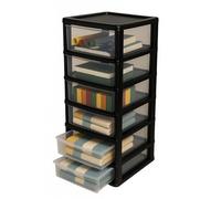 6 Shallow | Slim Drawers Tier A4 Plastic Storage Tower Unit Organizer Home Office School Desktop Clear Storage Chest for Clothes Toys Shoes Stationary Black