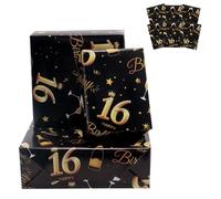 6 Sheets 16th Birthday Wrapping Paper, 70x50cm Black and Gold Happy Birthday Wrapping Paper, 16th Birthday Gifts Decorations for Boys & Girls, Recyclable - 16th