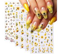 6 Sheets Bee Flower Nail Art Stickers 3D Self Adhesive Sunflower Stickers Yellow Floral Daisy Decals Spring Summer Nails Art Supplies Accessories for Women Girls DIY Manicure Decoration