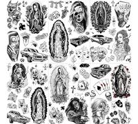 6 Sheets Chicano Temporary Tattoos For Women Men Adults Cholo Halloween Face Makeup Kit, Black Guadalupe Tattoo Stickers, Gangster Payasa Gansta Fake Tatoos Prison Familia Joker, Tatuajes Temporales