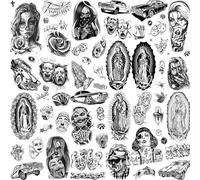 6 Sheets Chicano Temporary Tattoos For Women Men Adults Halloween Face Makeup Kit, Black Chicana Gangster Guadalupe Tattoo Stickers, Gothic Mexico Payasa Gansta Fake Tatoos Prisoner Joker Cholo Chola
