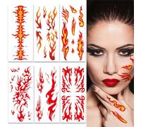6 Sheets Flame Temporary Tattoo Stickers for Women Men Face Body Arm Makeup Decoration, Flame Transfer Tattoos for Halloween Festival Party Decor (Red Orange)