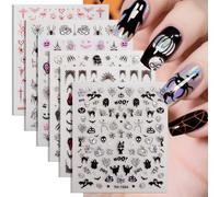6 Sheets Halloween Nail Stickers, Self-Adhesive Gothic Nail Art Stickers | 85 x 100 mm sheets with spiders, webs, skulls, pumpkins, bats, ghosts, crosses, masks and selected holographic accents.