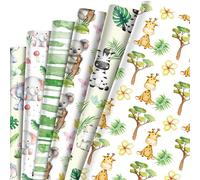 6 Sheets Playful Adventurous Tropical Jungle Safari Animal Green Wrapping Paper, 20x27 Inch - 6 Adorable Watercolor Vibrant Designs, Koala, Elephant, Giraffe, Zebra Pattern With Plumeria for Birthday