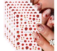 6 Sheets Spring Nail Stickers, Self-Adhesive Ladybug Flower Decals, Cute Red Floral Design Kawaii Nail Art Supplies for Women