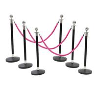 6 Silver Finish Black Stanchion Poles with 4 Hot Pink Velvet Ropes - Stainless Steel Queue Barrier Set for Events, Hotels, Theatres & Crowd Control