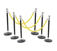 6 Silver Finish Black Stanchion Poles with 4 Yellow Gold Velvet Ropes - Stainless Steel Queue Barrier Set for Events, Hotels, Theatres & Crowd Control