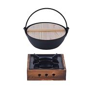 6 Sizes Japanese Style Shabu Shabu Hot Pot with Cooking Stove, Cast Iron Sukiyaki Tetsu Nabe Pot with Wooden Lid and Single Handle for Noodle, Ramen, Soup, Black, 20cm