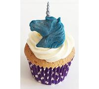 6 Sparkly Peacock Blue Sugar Unicorn Heads with Silver Horn- Edible & Handmade with love in the UK!
