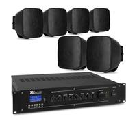 6 speaker wall mounted sound system with PRM60 Bluetooth mixer amplifier, 6x PD BD30TB 3" black indoor outdoor 100V speakers, 100m speaker cable for pubs, retail or installed public address use