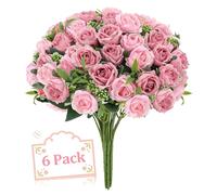 6 Stems 10 Heads Dusty Pink Artificial Silk Roses Bouquets with Leaf Faux Flowers for Wedding,Grave Decor,Home Indoor,Outdoor Wedding Office Use