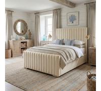 6' Super King - Cream - Modern Mini Line Luxury Bed Frame Plush Velvet With Ottoman Gas Lift Storage + Footboard
