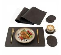 6 Table Mats and Coasters Set, Dual-Sided Non-Slip Place Mats, Heat-Resistant PVC Leather Table Mats for Home Restaurant Christmas Party (Black Brown & Black)