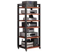 6-Tier Adjustable HiFi Audio Rack with Wheels - Modern Brown Stereo Storage Cabinet for Game Rooms & Studios Efficient nization & Easy Mobility