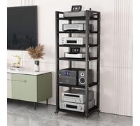 6-Tier AV Media Stand with Wheels, Modern Stereo Rack for Audio Components, Record Player Cabinet, Entertainment Center in Black - 19.6" Width, Perfect for Home Theater