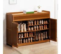 6-Tier Bamboo Shoe Storage Cabinet - Free Standing Shoes Rack with Bifold Doors Top Compartment & nizer Shelf for Hallway/Living Room 4 Door 117×33×85cm