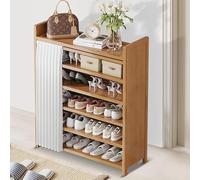 6-Tier Bamboo Slim Folding Shoe Rack - Freestanding Space-Saving with Top Storage Cubby Entryway Shoe Cabinet (70cm)