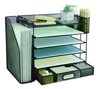 6 Tier Desk File Organiser with Extra Vertical File Sorter, Paper Letter Tray with Top Stationery Drawer Holder, A4 Paper Desktop Filing Trays, Magazine Document Holder for Home Office, Black