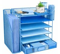 6 Tier Desk File Organiser with Extra Vertical File Sorter, Paper Letter Tray with Top Stationery Drawer Holder, A4 Paper Desktop Filing Trays, Magazine Document Holder for Home Office, Sky Blue