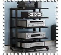 6-Tier HiFi Audio Stand with Wheels - Black & Teak AV Cabinet for Media Storage, Stereo Component Organizer, Corner Rack for Home Theater & Audio Setup
